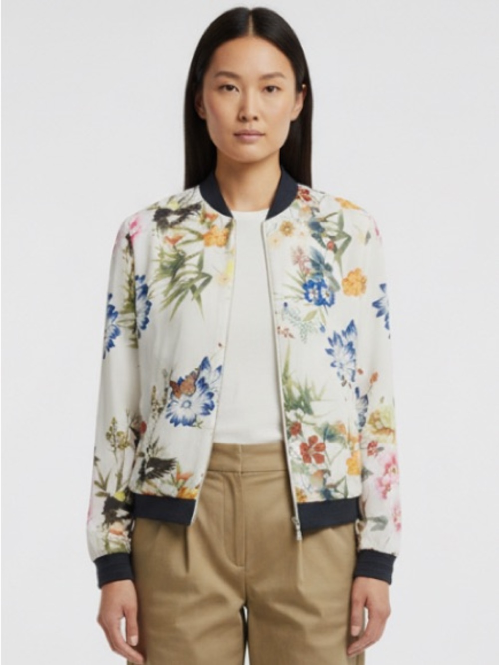 Bagatelle Floral Bomber Jacket Cream with Black Trim